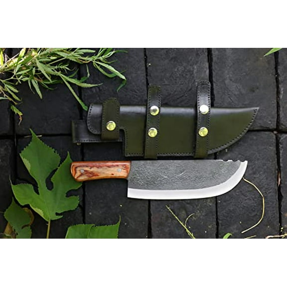 Hand Forged Butcher Chef Knife, Meat Cleaver, Razor Sharp Blade & Leather Case