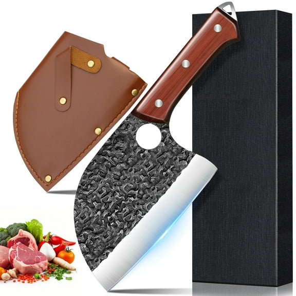 Hand Forged Butcher Knife -DFITO Chef Knife With Sheath, Stainless Steel Meat Cleaver, Cooking Knife for Kitchen Camping, BBQ, Hunting - Gift Box Knives for Men