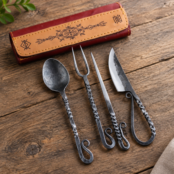 Hand Forged Carbon Steel Flatware Set with Leather Storage Pouch, Medieval Style Cutlery for Outdoor and Travel
