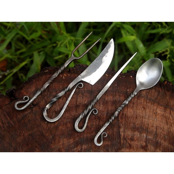 Hand-Forged Carbon Steel Medieval Utensil Set with Leather Sheath