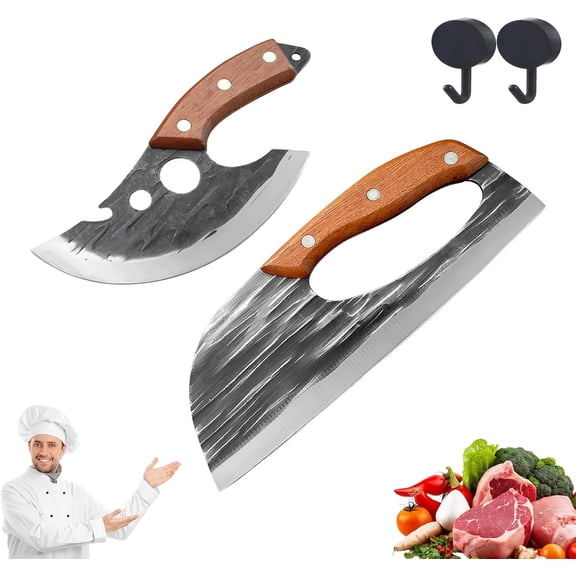 Hand-Forged Chef Knife & Cleaver Set, 2-Piece Carbon Steel Kitchen Knife Set with Ultra Sharp Curved Cleaver & Viking Boning Knife, Ergonomic Solid Wood Handle for Home Cooking & Meal Prep (B)