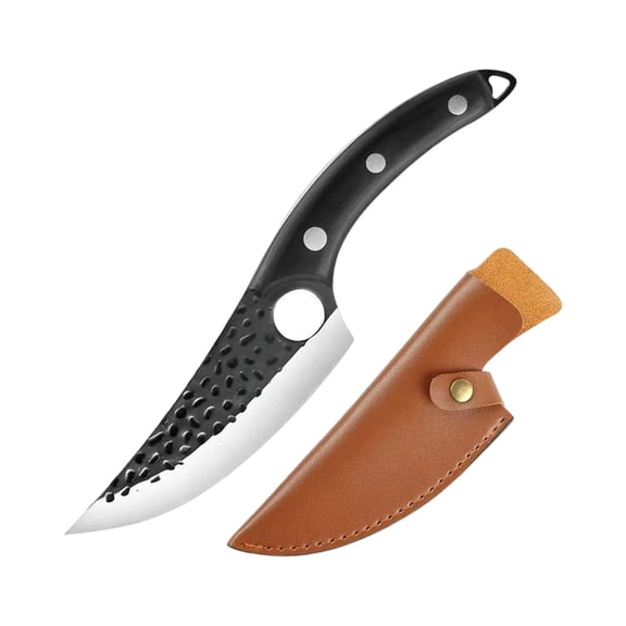 Hand Forged Chef Knife with Full Tang Wooden Handle and Leather Sheath for Outdoor Kitchen Camping BBQ Use