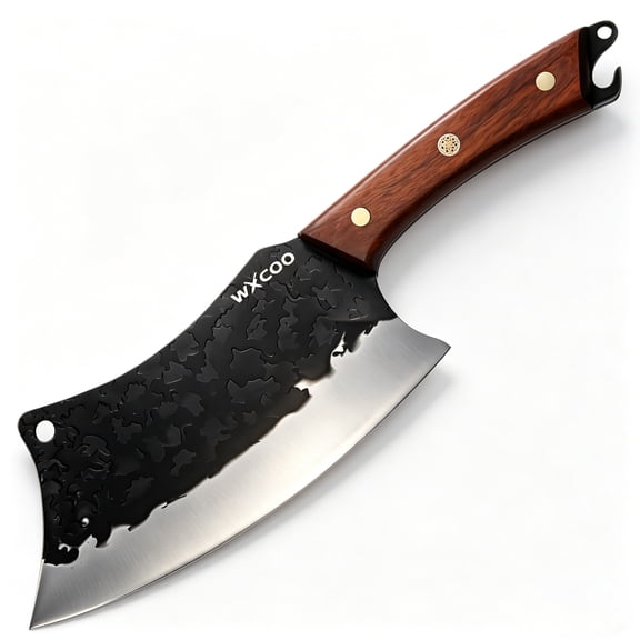 Hand Forged Cleaver Knife with Bottle Opener, High Carbon Steel Meat Chopping Knife with Wood Handle, Ultra Sharp Full Tang Kitchen Butcher Knife for Home Cooking
