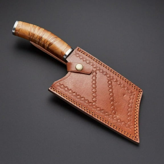 Hand Forged Damascus Steel Serbian Chopper Kitchen Knife With Pouch Groomsman Gift 1st Anniversary Gift Thanking Gift for Men And women