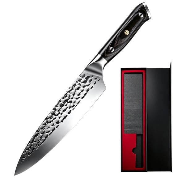 Hand Forged Hammer Pattern Chef Knife with Wood Handle, High Carbon Steel Full Tang Kitchen Knife, Ultra Sharp Butcher Knife for Home Cooking