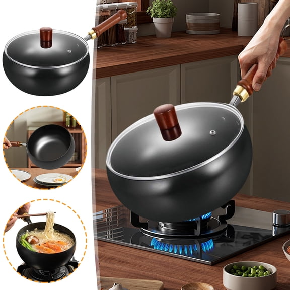 Hand Forged Iron Wok Uncoated Large Capacity Frying Pan for Searing Stir Frying Home Kitchen Cooking, 9.4 with Glass Lid
