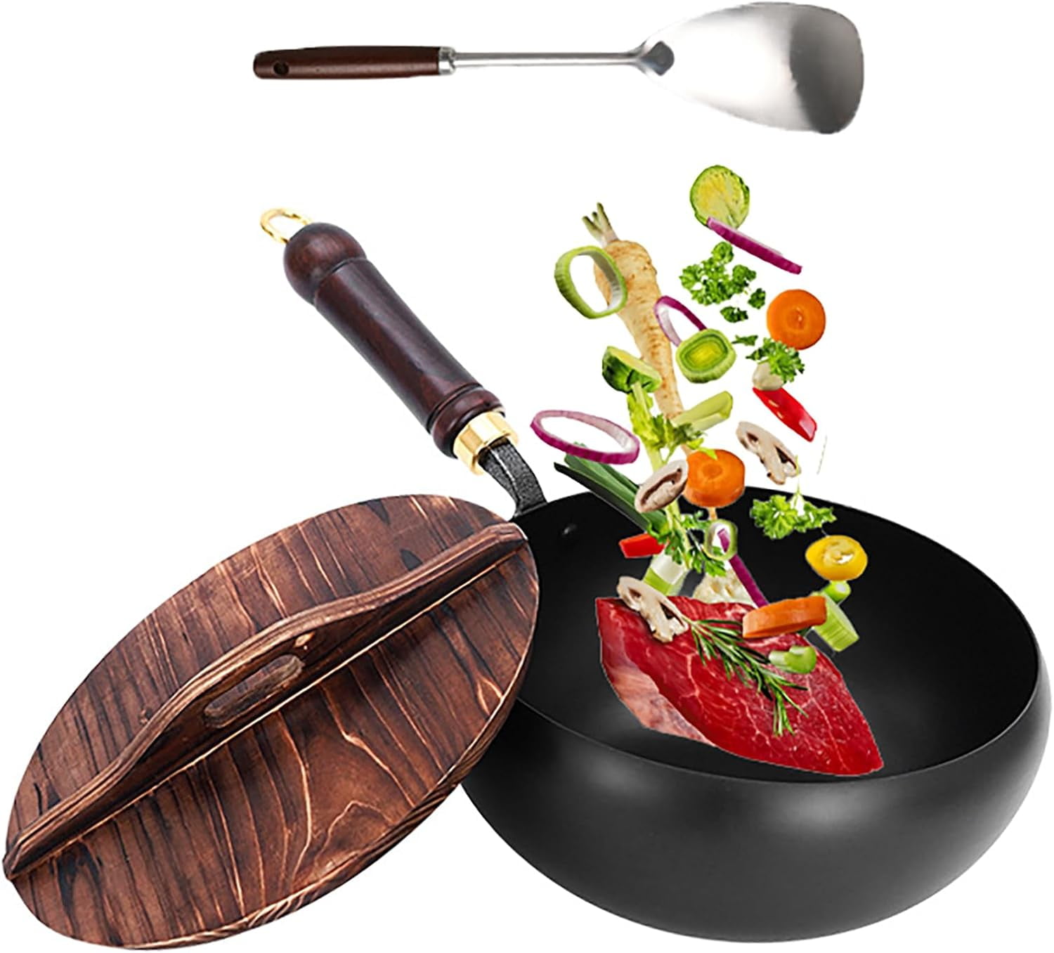 Hand-Forged Iron Wok with Wooden Lid, Japanese Non-Coated Nonstick Frying Pan, for Gas Stove, Induction Cooktop – Flat Bottom Stir Fry Pan for Home Kitchen Cooking (9.5in)