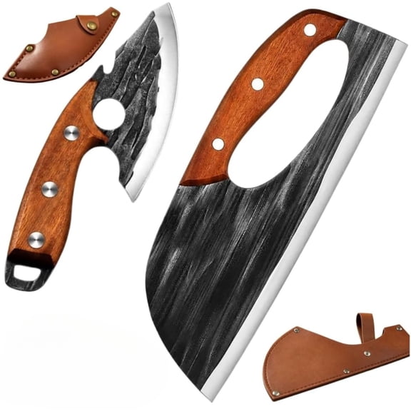 Hand Forged Kitchen Knife, 2 Pcs Sharp Chef Knife & Cleaver Set with Ergonomic Non-Slip Handle for Home Cooking, Meat Cutting, BBQ & Camping