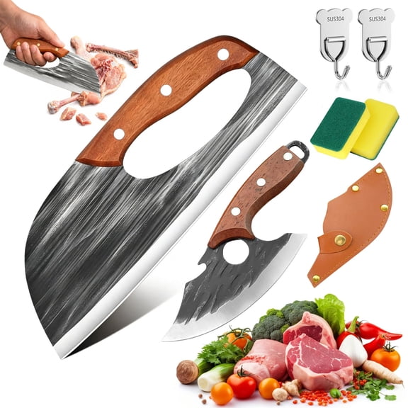 Hand Forged Kitchen Knife, 2026 Premium Hand-Forged Chef's Knife & Cleaver Set, Meat Cleaver Knife Set, Sharp Carbon Steel Cooking Viking Knives for Meat, Vegetable, Outdoor BBQ & Camping (Set A)