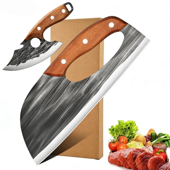 Hand Forged Kitchen Knife, Effort Saving Meat Cleaver for Cutting Meat Vegetable, Sharp Carbon Steel Cooking Viking Knife with Leather Sheath for Kitchen, Camping, BBQ Gift