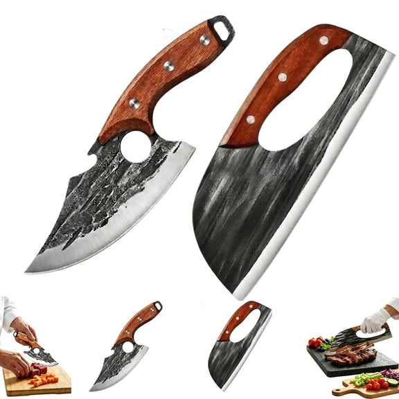 Hand Forged Kitchen Knife, Meat Cleaver and Slicing Knife Set for Kitchen BBQ Camping Outdoor Cooking Gift Use