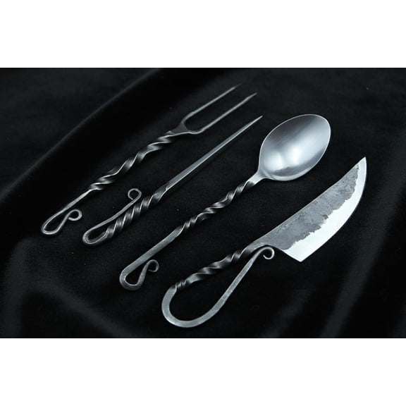 Hand Forged Medieval Cutlery Set - Viking Silverware Set with Leather Cover | 4 pieces Viking Cutlery Set Knife Spoons And Forks Set- Dinnerware Sets, Viking Kitchen Utensils And Flatware Set