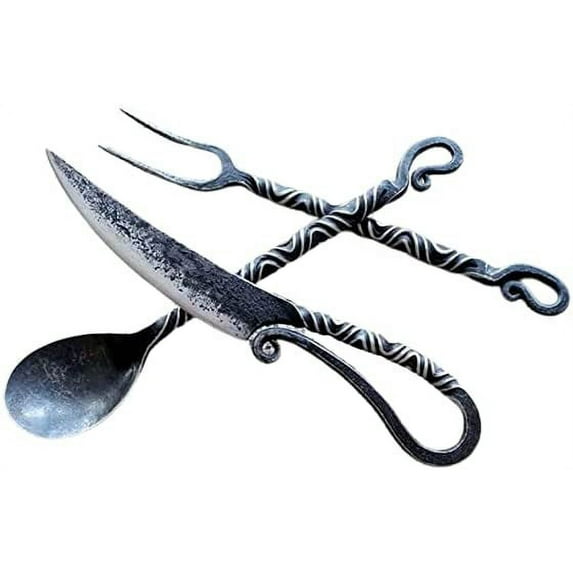 Hand Forged Medieval Iron Eating Cutlery Set, Viking Feast , Antiquity, Fork, Knife and Spoon Feasting Cutlery Knife, Hand Forged 3 Piece Place Set