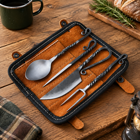 Hand Forged Medieval Silverware Set with Leather Cover, Camping Utensils