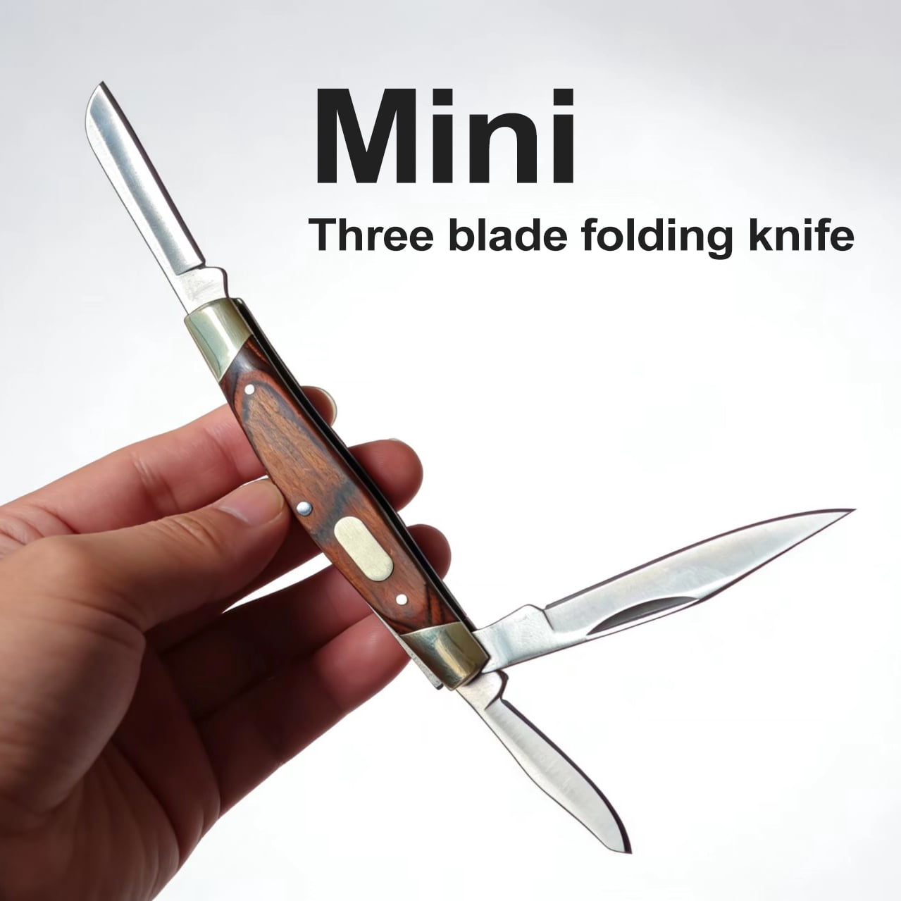 Hand Forged Mini 3-Blade Folding Pocket Knife, Wood Handle Brass EDC Survival Tool for Camping Emergency, Collectible Gift for Men