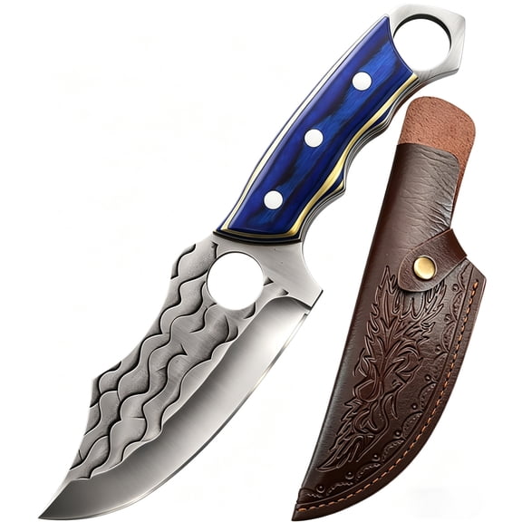 Hand Forged Outdoor Hunting Knife, Blue Wood Handle Survival Knife with Sheath, Full Tang Sharp Fixed Blade Knife for Camping Hiking Daily Use