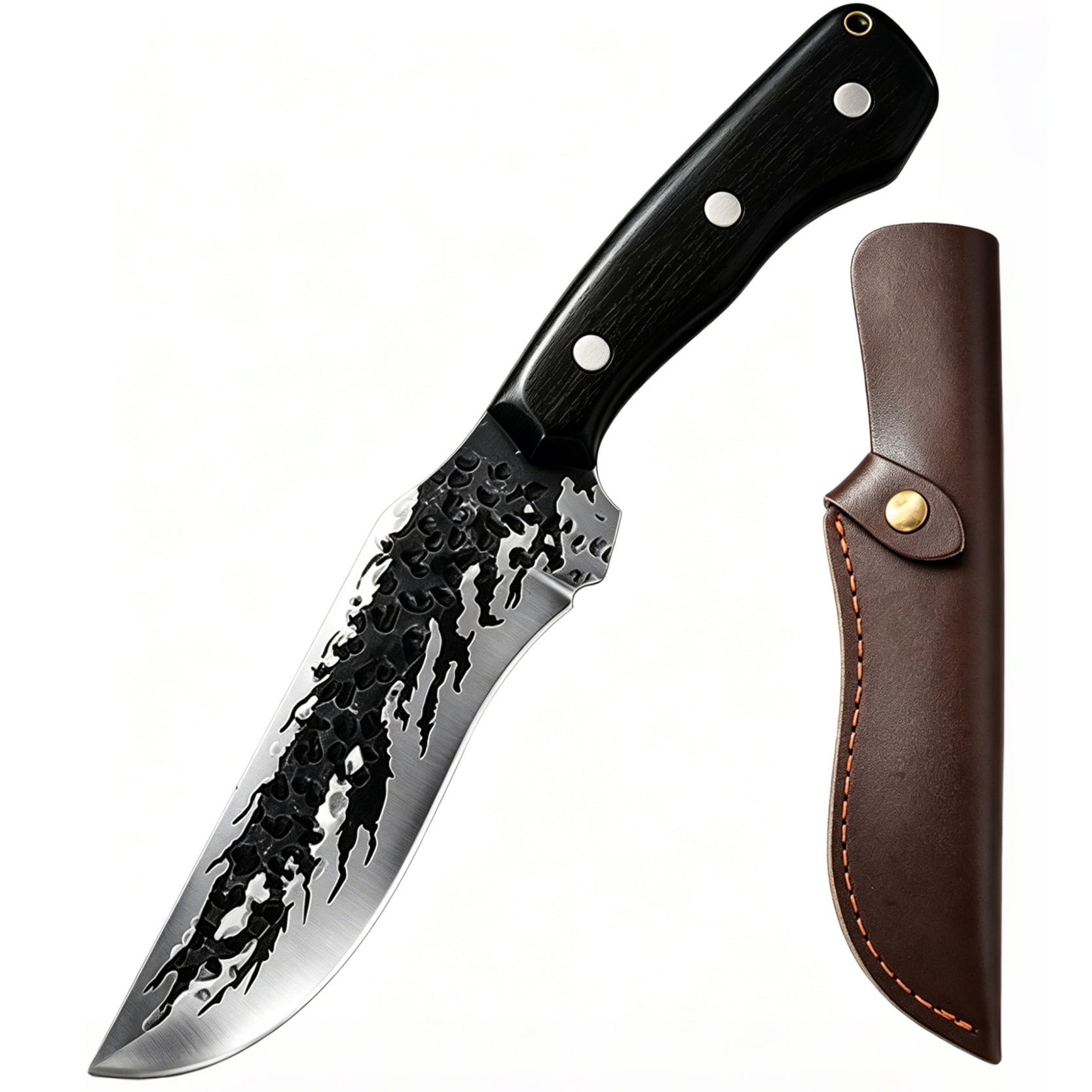 Hand Forged Outdoor Knife, Solid Wood Handle Full Tang Fixed Blade Knife with Brown Sheath for Camping Hunting Household Cutting