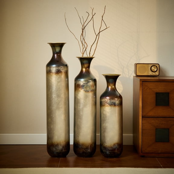 Hand-Forged Rustic Metal Floor Vases - 3-Piece Burnt Finish Set (5.7in Diameter) for Home Decor