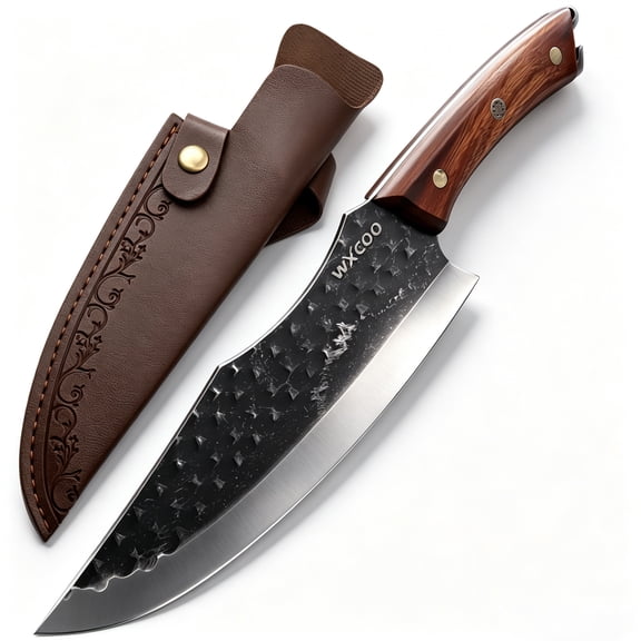 Hand Forged Slicing Knife with Bottle Opener, High Carbon Steel Chef Knife with Wood Handle & Leather Sheath, Ultra Sharp Full Tang Meat & Vegetable Cutting Knife for Home Kitchen