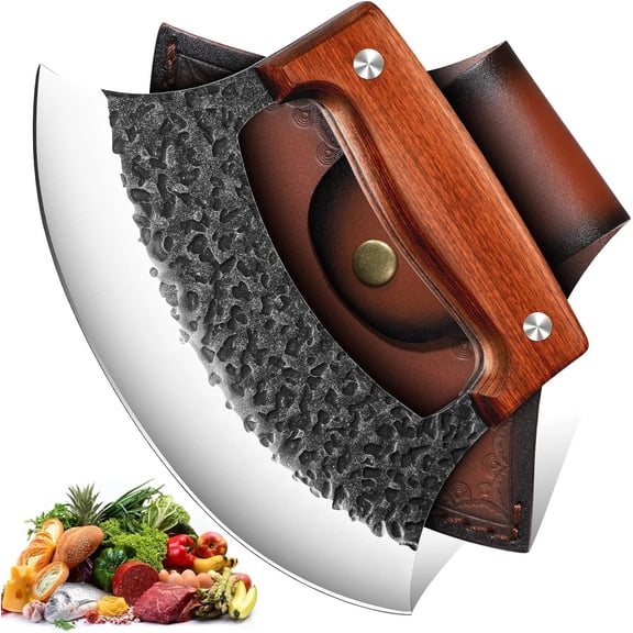 Hand-Forged Ulu Knife Full Tang High Carbon Steel, Japanese-Inspired with Sheath & Gift Box, Mezzaluna Rocker Knife & Pizza Cutter for Kitchen, Camping&BBQ, Christmas Gifts for Men and Women