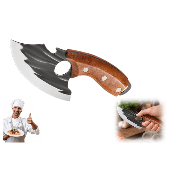 Hand-Forged Utility Knife, Butcher Slicing Cleaver, Ergonomic Wooden Handle with Finger Hole for Meat Vegetable Fruit Everyday Cooking