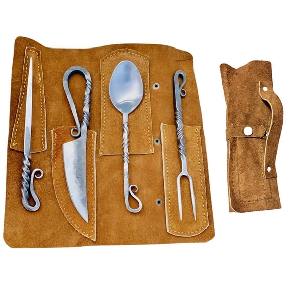 Hand Forged Viking Cutlery Set Knife Knives Black Silverware Set With Leather Cover- Medieval 4 Pcs Kitchen Utensils Set, Viking Cutlery Set Knife Spoons And Forks Set- Dinnerware Sets Y101