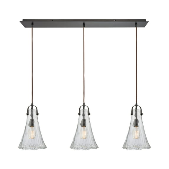 Hand Formed Glass 3-Light Linear Pendant Fixture in Oiled Bronze with Clear Hand-formed Glass
