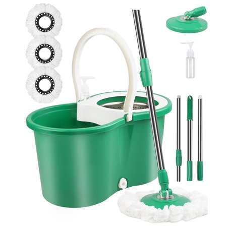 Hand Free Household Mop and Bucket with Wringer Set,Operable 360 ° Rotating Mop Bucket Set with 3 Microfiber Replacement Head and Stainless Steel 56" Extended Handle for Office and Home use(Green)