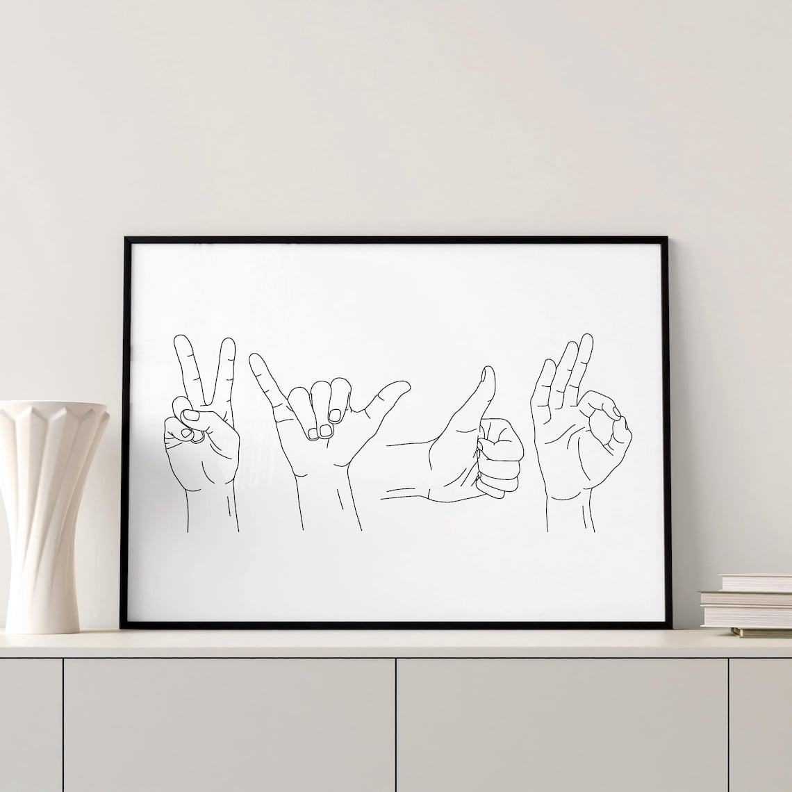 Hand Gestures Line Art Wall Art Print, Peace Shaka Thumbs Up Home Decor ...