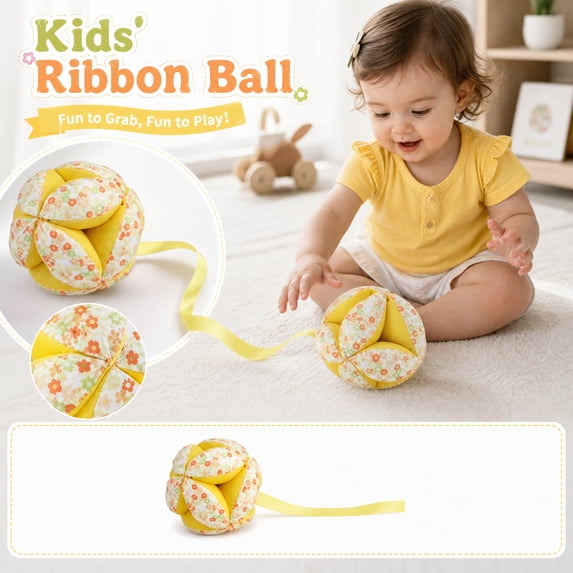 Hand Grab Ball Soft Fabric Interactive Ribbon Puzzle Ball Yellow 3.5 inch Lightweight Sensory Toy 1 Pack for Toddlers Infants Tummy Time Early Educational Activity Ideal Birthday Shower Gift