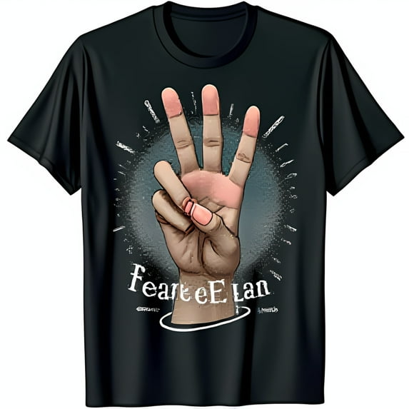 Hand Graphic Black T-Shirt Number Four Design with FearteeE Lan Blue Grainy Background