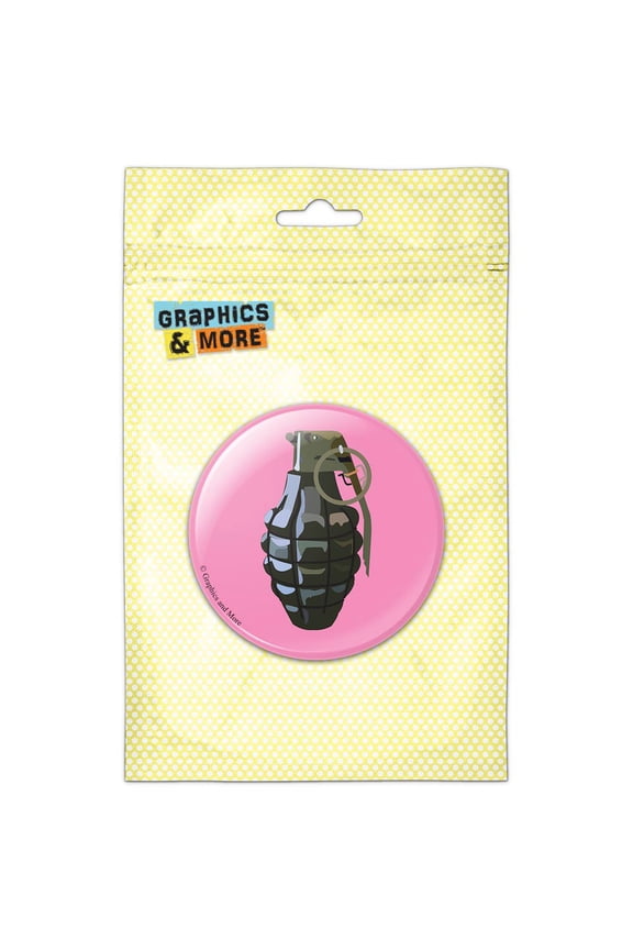 Hand Grenade Frag Explosive Weapon on Pink Refrigerator Button Magnet