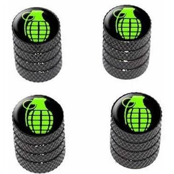 Hand Grenade on Black Tire Rim Wheel Aluminum Valve Stem Caps, Multiple Colors