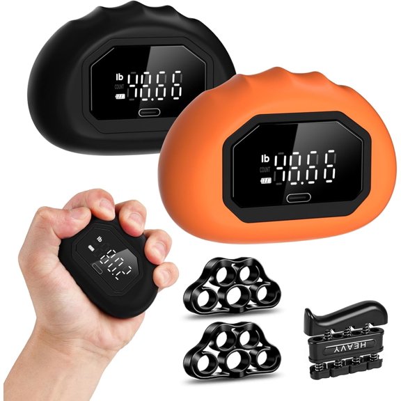 Hand Grip Strength Tester Trainer -Rechargeable Mini Hand Strength Dynamometer for Hand and Finger Workouts with Finger Exerciser Stretcher and Black Orange 2 Pack