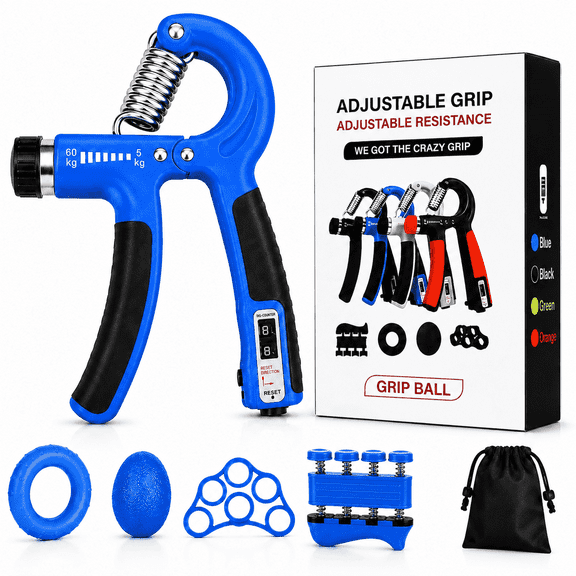 Hand Grip Strengthener Kit with Counter, Adjustable 10-132 lbs Grip Trainer, Finger Exerciser, Finger Stretcher, Grip Ring, Stress Ball & Carry Bag for Hand, Wrist & Forearm Strength