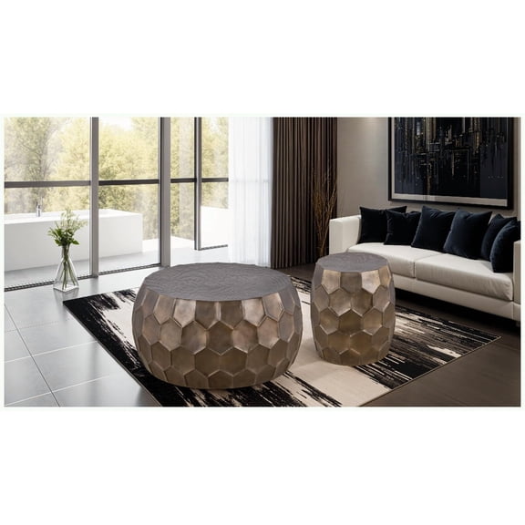 Hand-Hammered Aluminum 2PC Coffee Table Set - 32” Coffee & 18” End Table, Easy-Clean, Fully Assembled for Living Room