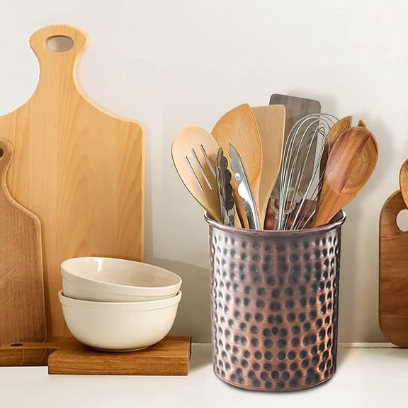 Hand Hammered Antique Copper Kitchen Utensil Holder - Decorative Metal Caddy Organizer for Spatulas and Cooking Tools