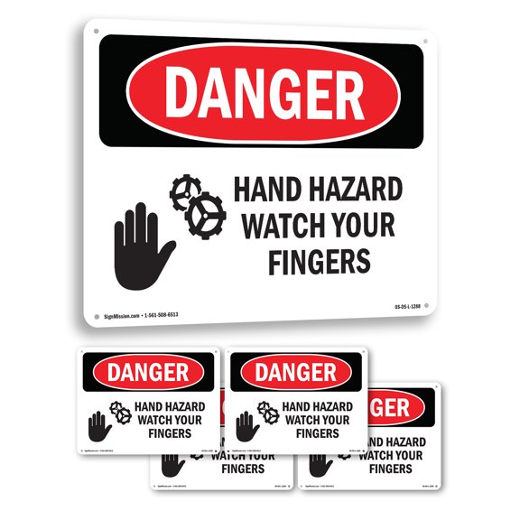 Hand Hazard Watch Your Fingers OSHA Danger Aluminum Sign 18 Inch x 12 Inch - 5 Pack