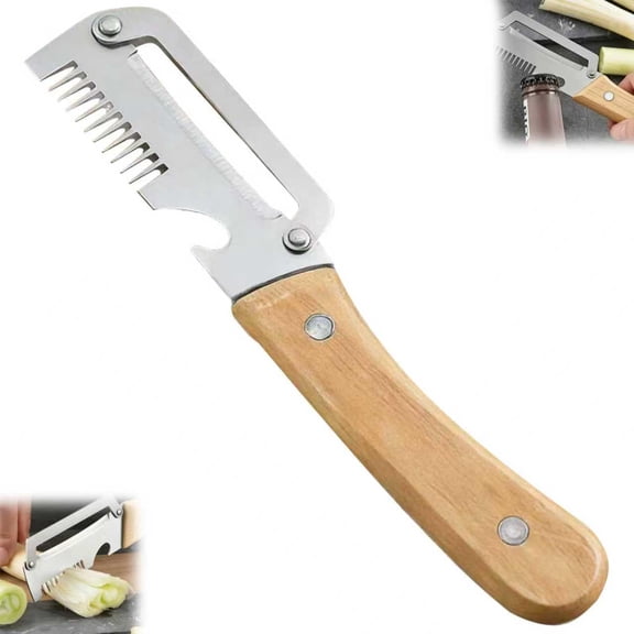 Hand Held Peelers for Kitchen,3-in-1 Multi-Function Kitchen Tool with Wooden Handle,Bottle Opener & Slicer
