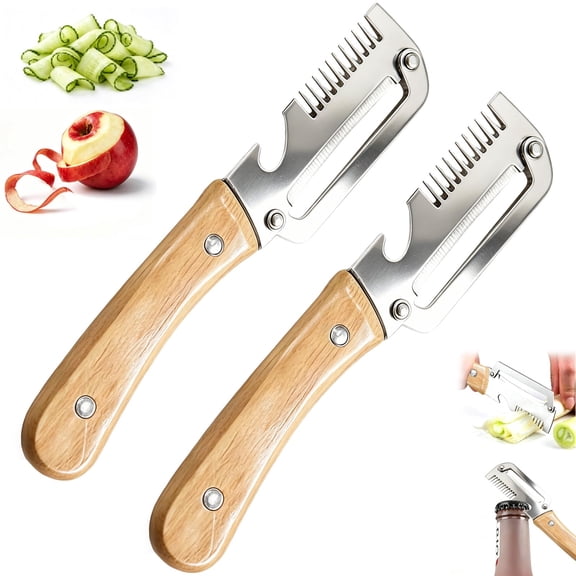 Hand Held Peelers for Kitchen,3-in-1 Multi-Function Kitchen Tool with Wooden Handle,Bottle Opener & Slicer
