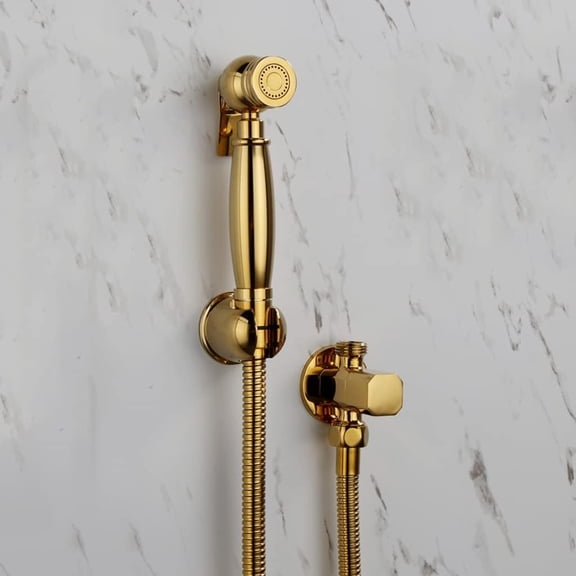 Hand HeldSprayer Shiny Gold Solid Brass Toilet Douche Kit Shower Head Copper Valve Faucet Set