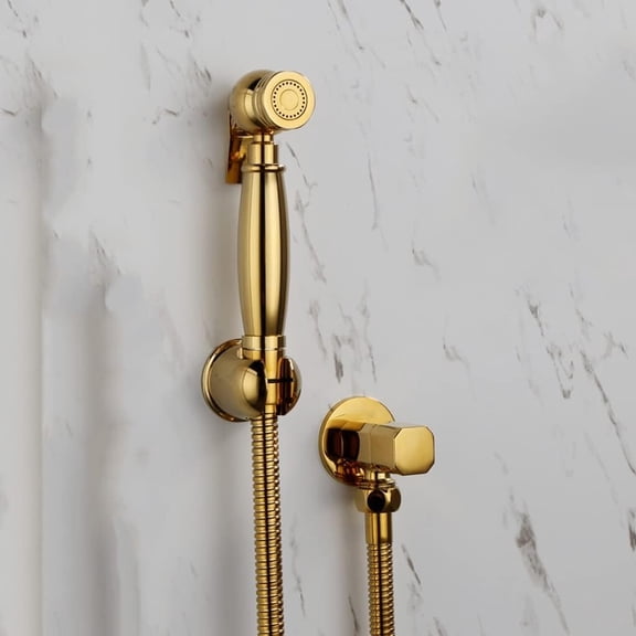 Hand HeldSprayer Shiny Gold Solid Brass Toilet Douche Kit Shower Head Copper Valve Faucet Set