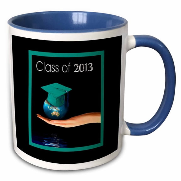 3drose, Hand Holding Earth with Graduation Cap, Class of 2013, Green, 15oz Two-tone Blue Mug