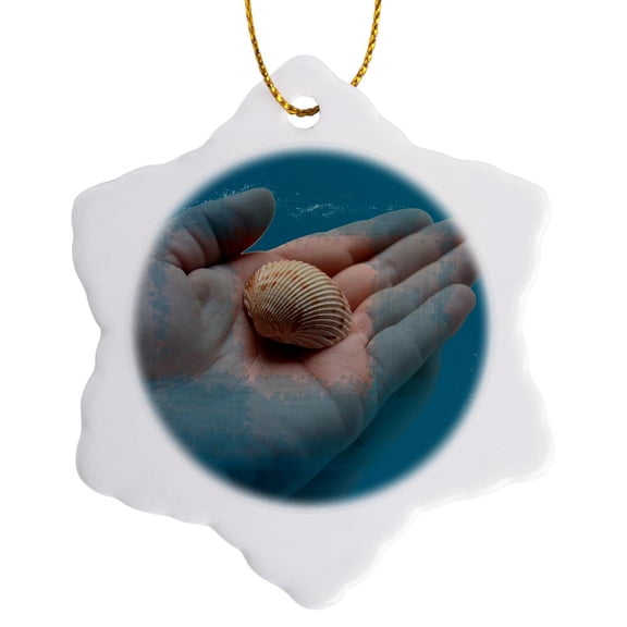 3drose, Hand Holding Shell Seashell Cockle Teal, 3 inch Snowflake Porcelain Ornament