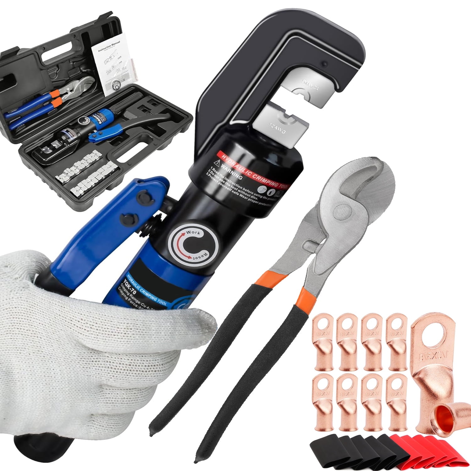 Hydraulic Wire Terminal Crimper Battery Cable Cutter 8 Ton 12 AWG to 00 (2/0) AWG with Cable Lugs 10 Pairs of Dies