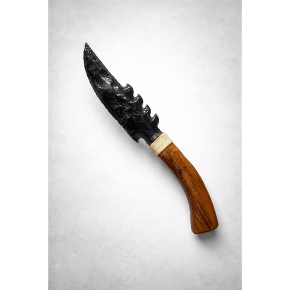 Hand Knapped Black Obsidian Blade Artifact 10 Inch Primitive Flint Knapped Stone Tool Replica, Handmade Wooden Handle, Rustic Collector Decor, Volcanic Glass Display Piece