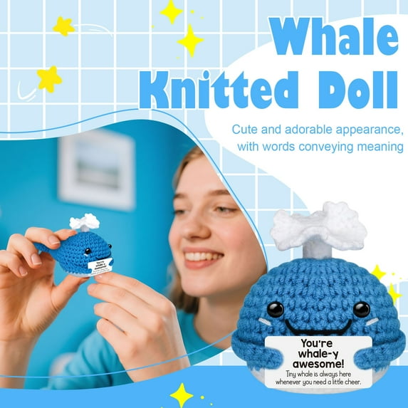 Hand-Knit Positivity Doll in Decorative Pot - Emotional Support Crochet Gift with Uplifting Message Card - Cute Huggable Worry Doll for Anxiety Relief & Home Decor--Whale
