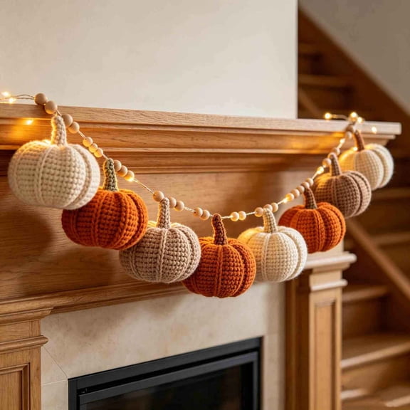 Hand Knit Pumpkin String Light Wreath Garland, Soft Textured Luminous Border Multi-Holiday Decor For Thanksgiving Halloween Christmas Fireplace Mantels