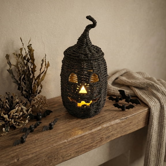Hand Knit Pumpkin Witchlight Keeper with LED Candle,Halloween Handmade Knit Pumpkin Lantern,Statue Decorative Festive Crochet for Holiday Desk Home Bedroom Festival Party Hallway