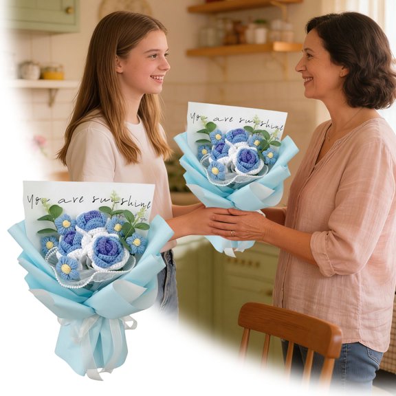 Hand-Knitted 3 Roses & 5 Puffs Flower Bouquet With Led Lights & Gift Bag Diy Floral Craft For Home Decor & Gifting(Blue-35X24X10Cm)